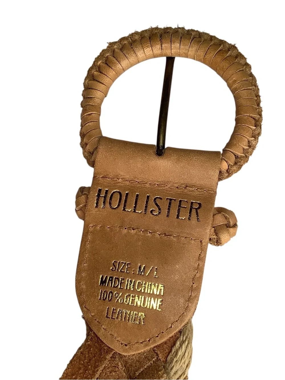 Hollister Genuine Leather Braided Belt Tan Metallic Woven Boho Size M/L